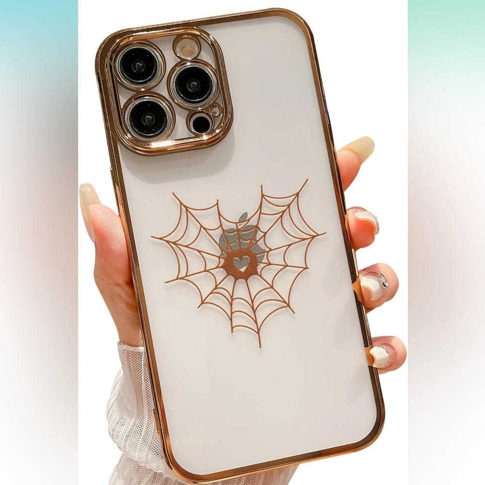 5for$10 Transparent iPhone 14 Pro Max Case Spider Web Gold Heart Soft Slim Case